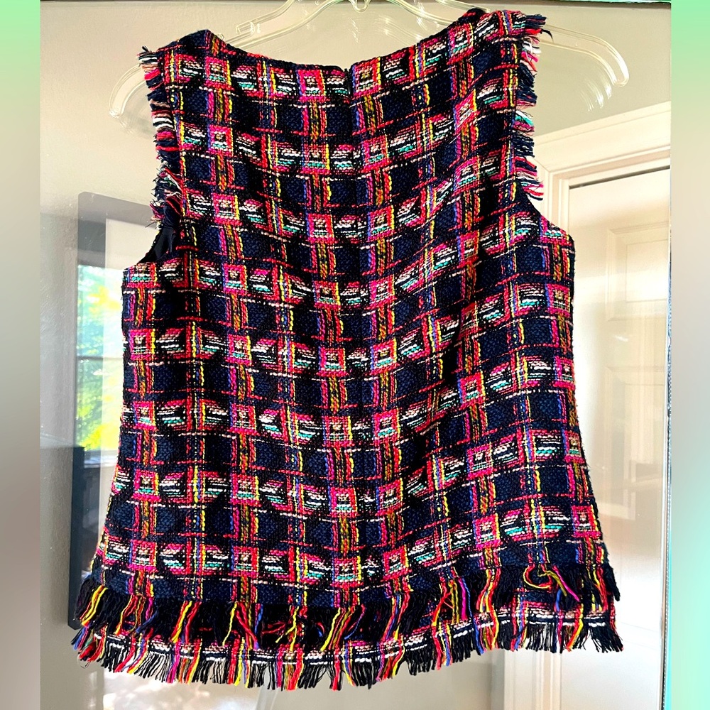 Trina Turk woven multicolor tweed top with fringe M